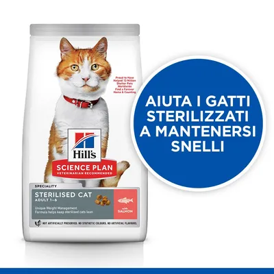 Hill's Science Plan Sterilised Cat Adult 1–6 con salmone. Testo: Aiuta i gatti sterilizzati a mantenersi snelli.