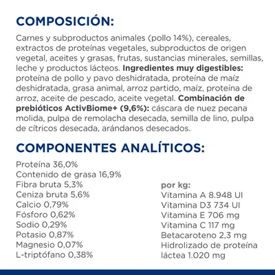 Composición: carnes y subproductos animales (pollo 14 %), cereales, aceites, frutas, minerales. Componentes analíticos: proteína 36 %, grasa 16,9 %, fibra 5,3 %, vitaminas A, D3, E, C.