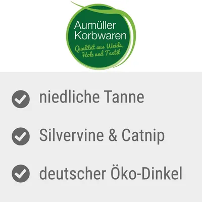 Aumüller Korbwaren. Kvalita z vrby, dřeva a textilu. Roztomilý stromek, Silvervine & Catnip, německý bio špalda.