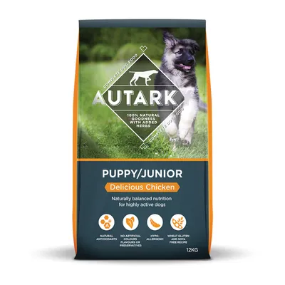 Autarky Puppy/Junior Delicious Chicken, naturally balanced nutrition with natural antioxidants, no artificial colours or preservatives, hypoallergenic, wheat gluten and soya free, 12kg bag.