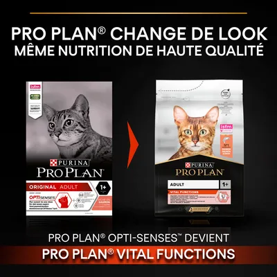 Annonce du changement de packaging : Purina Pro Plan Opti-Senses devient Pro Plan Vital Functions, même nutrition de haute qualité pour chat adulte 1+ an, riche en saumon.