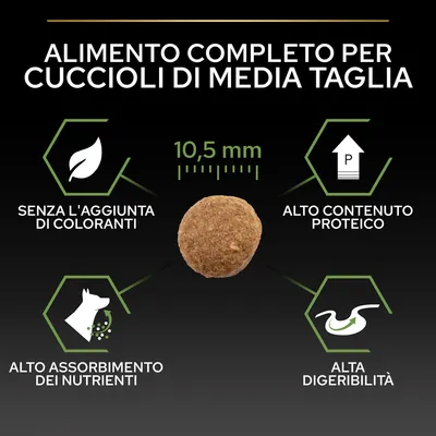 Alimento completo per cuccioli di media taglia, crocchetta 10,5 mm. Senza l'aggiunta di coloranti, alto contenuto proteico, alto assorbimento dei nutrienti, alta digeribilità.