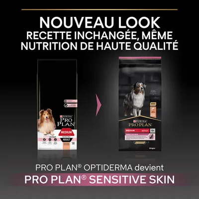 Nouveau look : PRO PLAN OPTIDERMA devient PRO PLAN SENSITIVE SKIN. Recette inchangée, même nutrition de haute qualité. Deux sacs de croquettes pour chien adulte medium visibles.