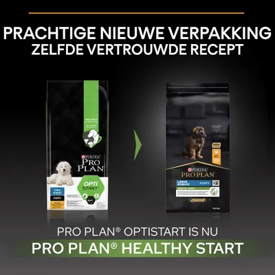 Pro Plan Optistart hondenvoer krijgt nieuwe verpakking en heet nu Pro Plan Healthy Start. Beide verpakkingen voor puppy large robust zichtbaar met merknaam en productnamen.