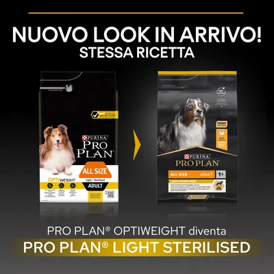 Testo: Nuovo look in arrivo! Stessa ricetta. Pro Plan Optiweight diventa Pro Plan Light Sterilised. Immagine di due confezioni Purina Pro Plan All Size Adult per cani.
