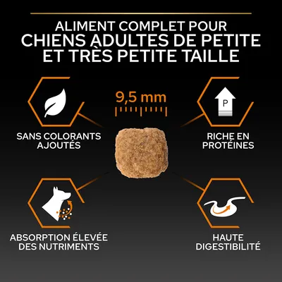 Aliment complet pour chiens adultes de petite et très petite taille, croquette 9,5 mm, sans colorants ajoutés, riche en protéines, absorption élevée des nutriments, haute digestibilité.