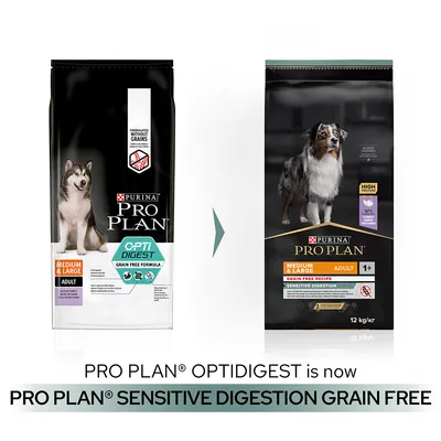 Förpackningsändring: Purina Pro Plan OptiDigest Medium & Large Adult Grain Free blir Pro Plan Sensitive Digestion Grain Free Medium & Large Adult 1+, 12 kg. Synliga hundbilder på båda.