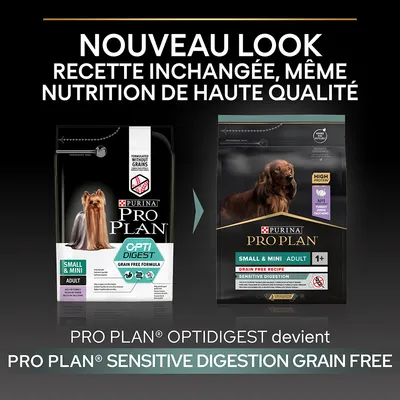 Nouveau look, recette inchangée. PRO PLAN OPTIDIGEST devient PRO PLAN Sensitive Digestion Grain Free Small & Mini Adult 1+ dinde. Deux paquets visibles avec chiens.