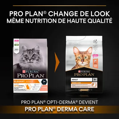 Changement de packaging : PURINA PRO PLAN Opti-Derma Adult Saumon devient PRO PLAN Derma Care Adult 1+ Saumon, même nutrition de haute qualité. Texte en français visible sur l’image.