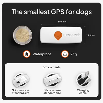 weenect GPS-tracker, rozměry 60,5 x 24,5 mm, hmotnost 27 g, vodotěsný. Obsah balení: 2 silikonová pouzdra standardní velikosti, nabíjecí kabel.