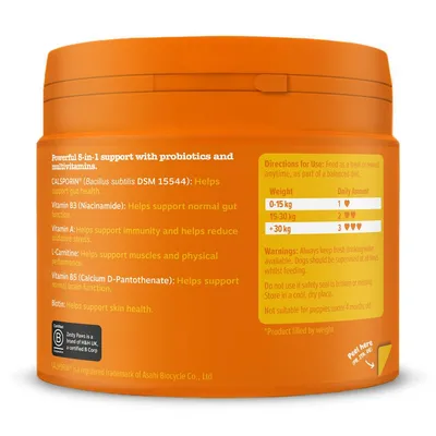 Product label showing feeding guide by weight, daily amount, directions for use, warnings, and benefits of probiotics, vitamins, L-carnitine, and biotin. Not suitable for puppies under 4 months.