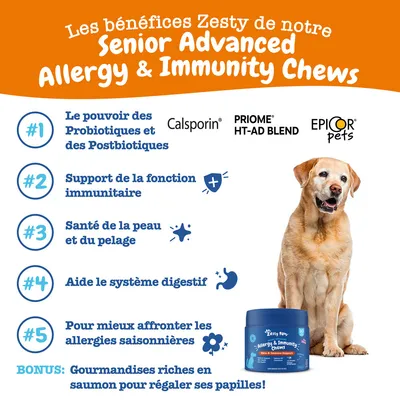 Texte : Les bénéfices Zesty de notre Senior Advanced Allergy & Immunity Chews. 1. Probiotiques et postbiotiques Calsporin, PRIOME HT-AD BLEND, EPICOR pets. 2. Fonction immunitaire. 3. Peau et pelage. 4. Système digestif. 5. Allergies saisonnières. Bonus : gourmandises riches en saumon.