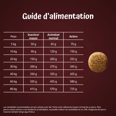 Tabla de guía de alimentación para perros según peso y nivel de actividad: inactivo, normal o activo. Ejemplo: 10 kg, 90–150 g; 30 kg, 200–345 g. Texto en francés en el título.