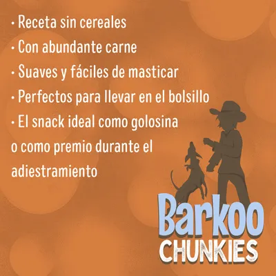 Receta sin cereales, con abundante carne, suaves y fáciles de masticar, perfectos para llevar en el bolsillo. El snack ideal como golosina o premio. Barkoo Chunkies.