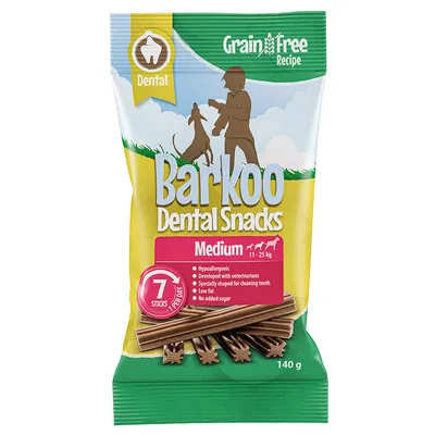 Barkoo Dental Snacks Medium, hypoallergenic, developed with veterinarians, specially shaped for dental cleaning, low fat, sugar-free, 7 sticks per day, for dogs 11-25 kg, 140 g.