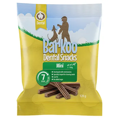 Опаковка Barkoo Dental Snacks Mini за кучета 5–10 кг, 7 броя, 120 г. Видими надписи: Developed with veterinarians, Specially shaped for cleaning teeth, Low fat, No added sugar.