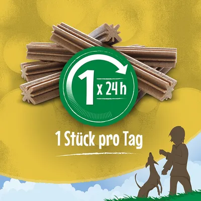 Empfehlung: 1 Stück pro Tag. Abgebildet sind braune Sticks vor gelbem Hintergrund mit einer grünen Uhrgrafik und Silhouetten von Mensch und Hund.