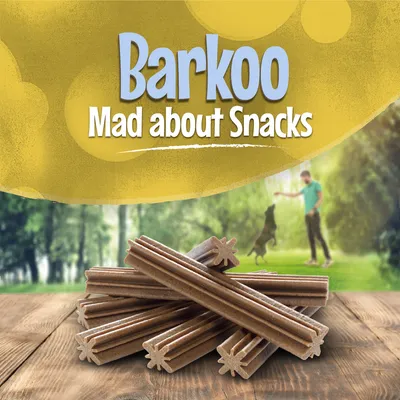 Barkoo Mad about Snacks, stapel bruine kauwsticks op houten tafel, wazige achtergrond met persoon en hond in park. Tekst: Barkoo Mad about Snacks.