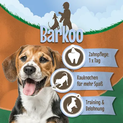 Barkoo. Zahnpflege: 1 x Tag. Kauknochen für mehr Spaß. Training & Belohnung. Texte en allemand sur l’entretien dentaire, le plaisir de mâcher et la récompense pour chien.