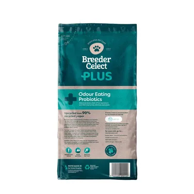 Breeder Celect Plus odour eating probiotics, upcycled from 99% recycled paper. Natural probiotics help eliminate bad smells in litter trays. Recommended by Vetschat.