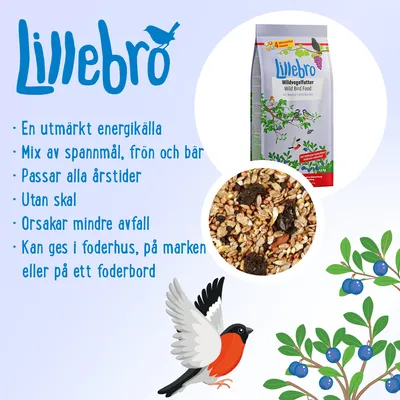 Lillebro Wild Bird Food, mix av spannmål, frön och bär. Utan skal, passar alla årstider. Kan ges i foderhus, på marken eller foderbord. Orsakar mindre avfall.