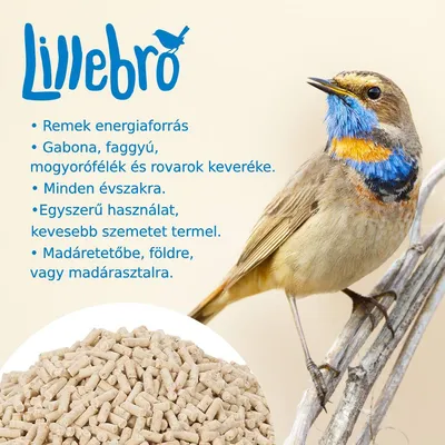 Lillebro. Remek energiaforrás. Gabona, faggyú, mogyorófélék és rovarok keveréke. Minden évszakra. Egyszerű használat, kevesebb szemetet termel. Madáretetőbe, földre, madárasztalra.