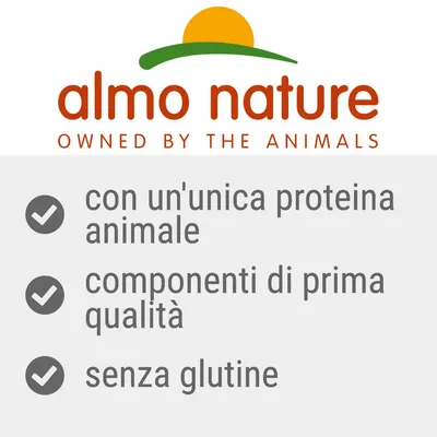almo nature OWNED BY THE ANIMALS, con un'unica proteina animale, componenti di prima qualità, senza glutine