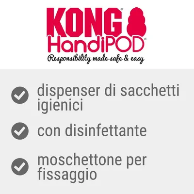 KONG HandiPOD dispenser di sacchetti igienici, con disinfettante e moschettone per fissaggio. Testo in inglese: Responsibility made safe & easy.