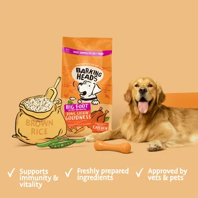 Barking Heads Big Foot chicken food with brown rice and peas, showing benefits: supports immunity and vitality, freshly prepared ingredients, approved by vets and pets.