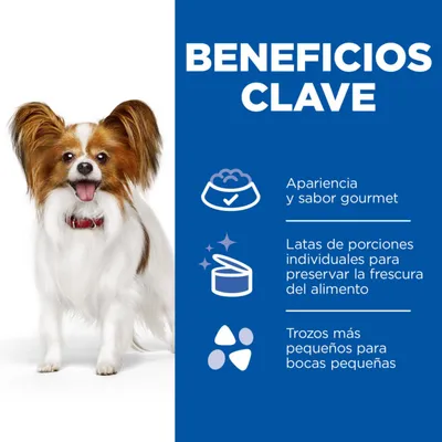 Beneficios clave: apariencia y sabor gourmet, latas de porciones individuales para preservar la frescura del alimento, trozos más pequeños para bocas pequeñas.