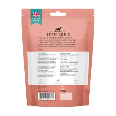 Back of Skinner's pet food pack showing feeding instructions, composition, analytical constituents, storage advice, and British Made label. Contains 90g. Contact details and barcode visible.
