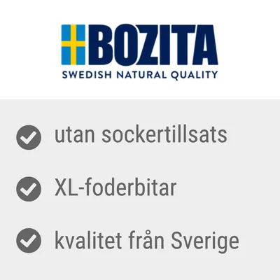 BOZITA SWEDISH NATURAL QUALITY, utan sockertillsats, XL-foderbitar, kvalitet från Sverige
