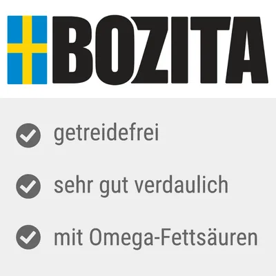 Bozita. Getreidefrei, sehr gut verdaulich, mit Omega-Fettsäuren.