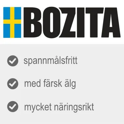 BOZITA. Spannmålsfritt, med färsk älg, mycket näringsrikt.