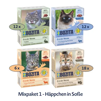 Bozita Mixpaket 1 bouchées en sauce : 12x lapin, 12x renne, 6x agneau, 18x poulet et dinde. Barquettes de 370g, 89% d’ingrédients animaux, sans céréales.