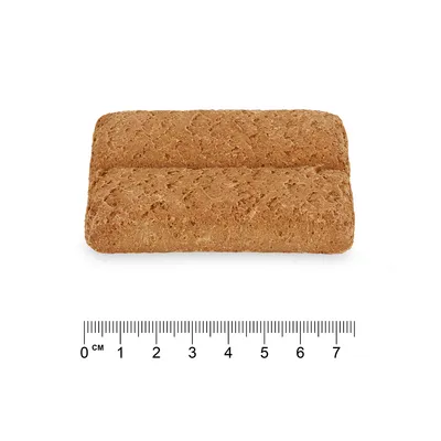 Rjav pravokoten pasji piškot dolžine približno 7 cm, prikazan poleg ravnila za prikaz velikosti.