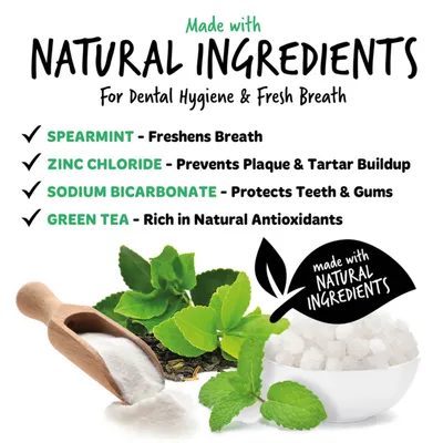 Natural ingredients for dental hygiene and fresh breath: spearmint freshens breath, zinc chloride prevents plaque and tartar, sodium bicarbonate protects teeth and gums, green tea antioxidants.