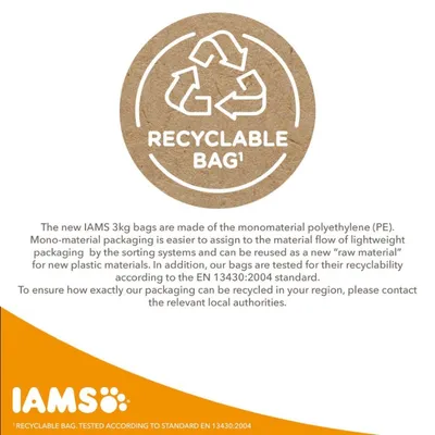 RECYCLABLE BAG. IAMS. Η συσκευασία είναι ανακυκλώσιμη σύμφωνα με το πρότυπο EN 13430:2004. Το κείμενο στην εικόνα είναι στα αγγλικά.