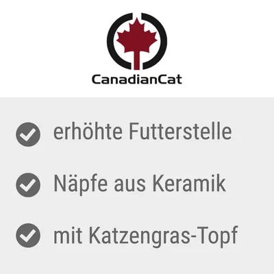 CanadianCat. Raised feeding station, ceramic bowls, with cat grass pot.