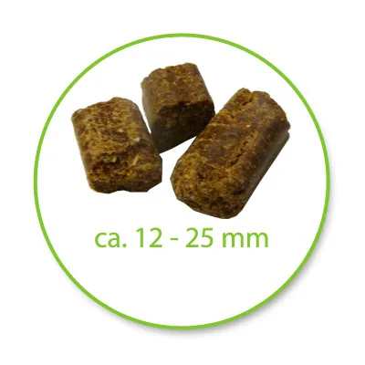 Three brown food pieces, approximately 12–25 mm in size, shown in a green circle.