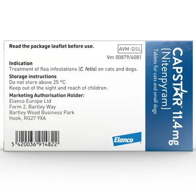 Capstar 11.4 mg tablets for cats and small dogs. Indication: treatment of flea infestations. Storage: do not store above 25°C, keep out of reach of children. Read leaflet before use.