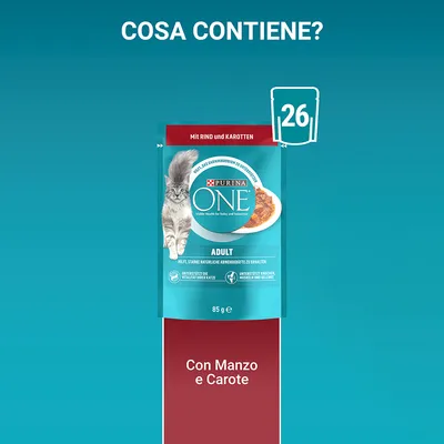 Purina ONE Adult con manzo e carote, bustina da 85 g, confezione da 26 pezzi. Testo visibile: 'Con Manzo e Carote', 'Cosa contiene?'. Immagine di un gatto sul fronte.