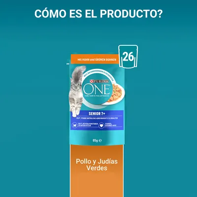 Purina ONE Senior 7+ para gatos, sabor pollo y judías verdes, 85 g. Texto visible: ayuda a mantener defensas fuertes, vitalidad y corazón sano. Indica 26 unidades.