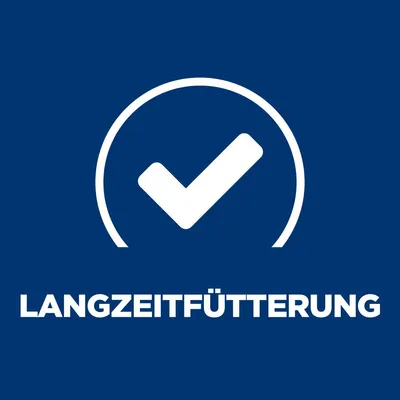 Langzeitfütterung mit weissem Häkchen-Symbol auf blauem Hintergrund.