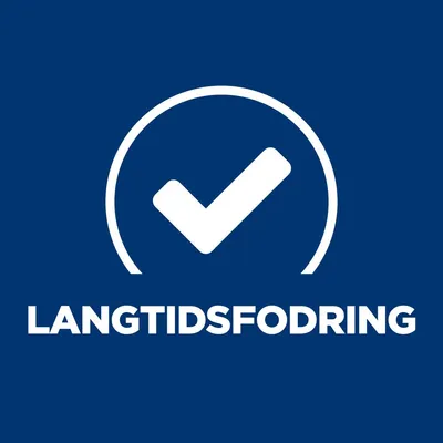 LANGTIDSFODRING med hvidt flueben i cirkel på blå baggrund. Tekst og symbol indikerer egnethed til langvarig fodring. Teksten er på dansk.