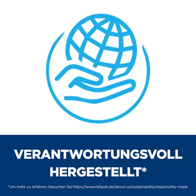 Текст на немецком языке: VERANTWORTUNGSVOLL HERGESTELLT*. Изображение ладони, держащей земной шар. Мелкий текст: Um mehr zu erfahren, besuchen Sie https://www.hillspet.de/about-us/sustainability/responsibly-made