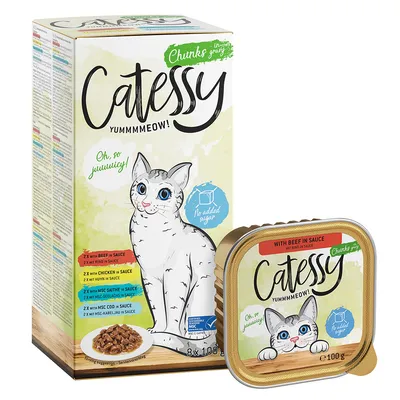 Catessy Chunks in sos, 8x100g pachet mixt cu vită, pui, eglefin și cod. Fără adaos de zahăr, certificat MSC. Ambalajul prezintă o pisică și detalii despre produs.
