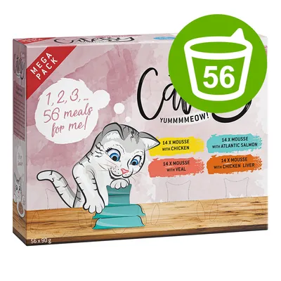 Mega Pack con 56 pasti: 14x mousse con pollo, 14x mousse con salmone atlantico, 14x mousse con vitello, 14x mousse con fegato di pollo. Peso totale 56x90g.