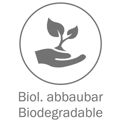 Biodegradabil. Simbol al unei mâini cu o frunză, reprezentând sustenabilitatea și respectul pentru mediu.