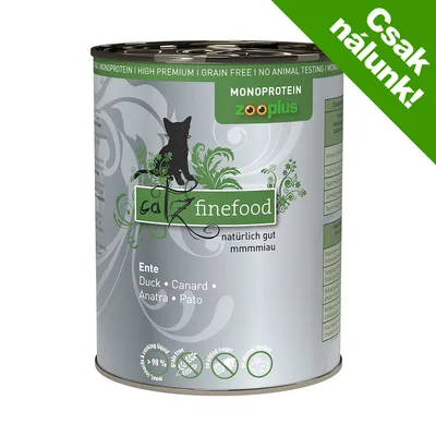 catz finefood Ente konzerv, monoprotein, zooplus, Csak nálunk! felirattal, természetes összetevők, gabonamentes, hozzáadott cukor nélkül, állatkísérlet-mentes